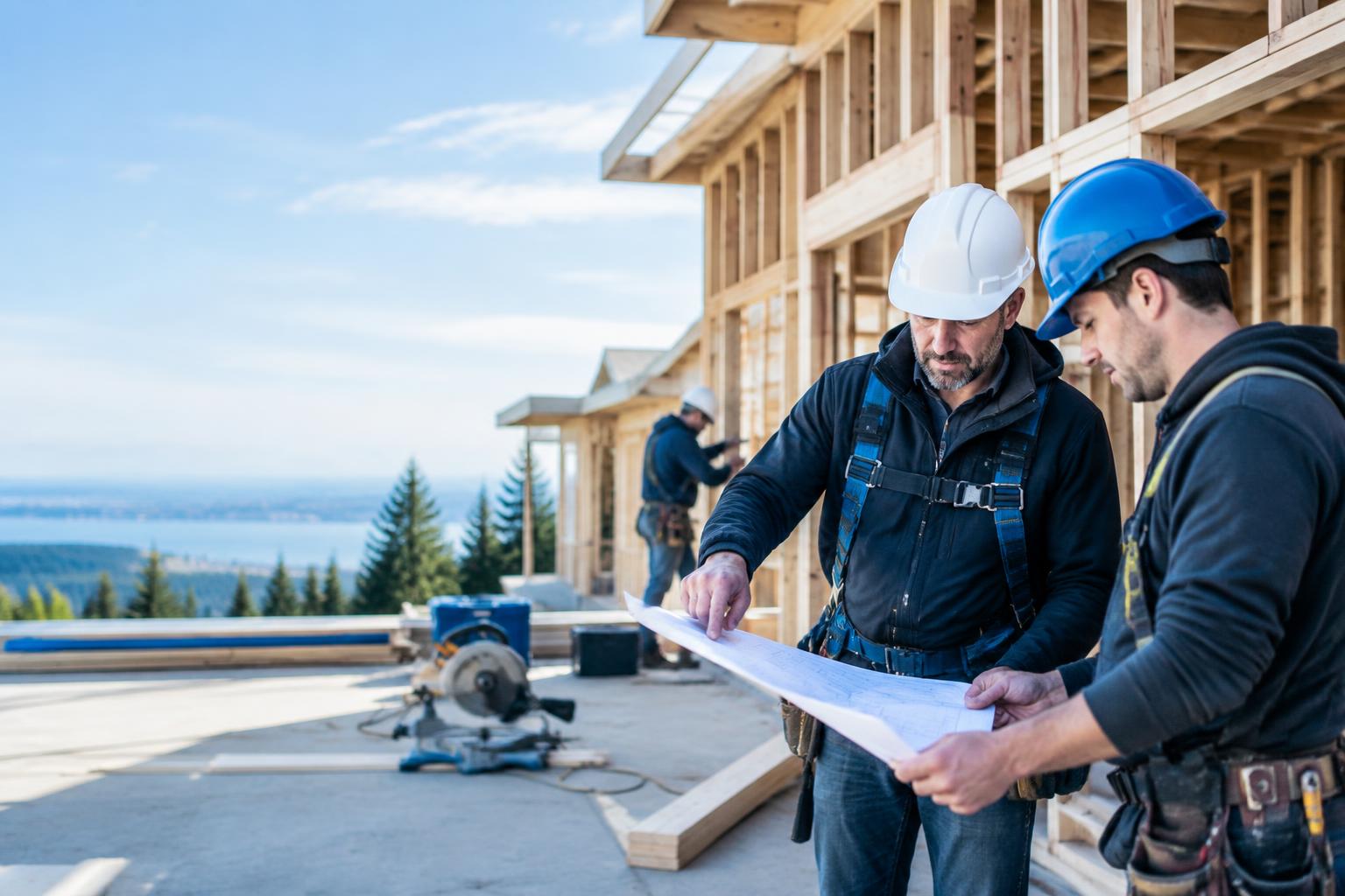 Construction contractors reviewing plans at a residential job site