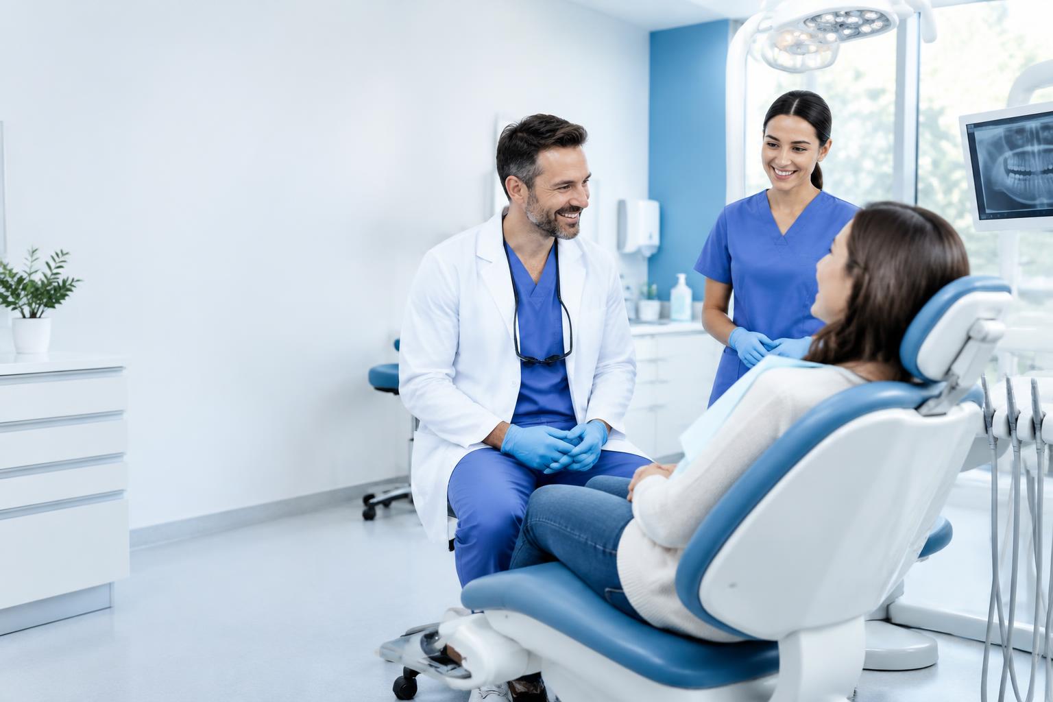 Dental care team welcoming a patient in a modern practice