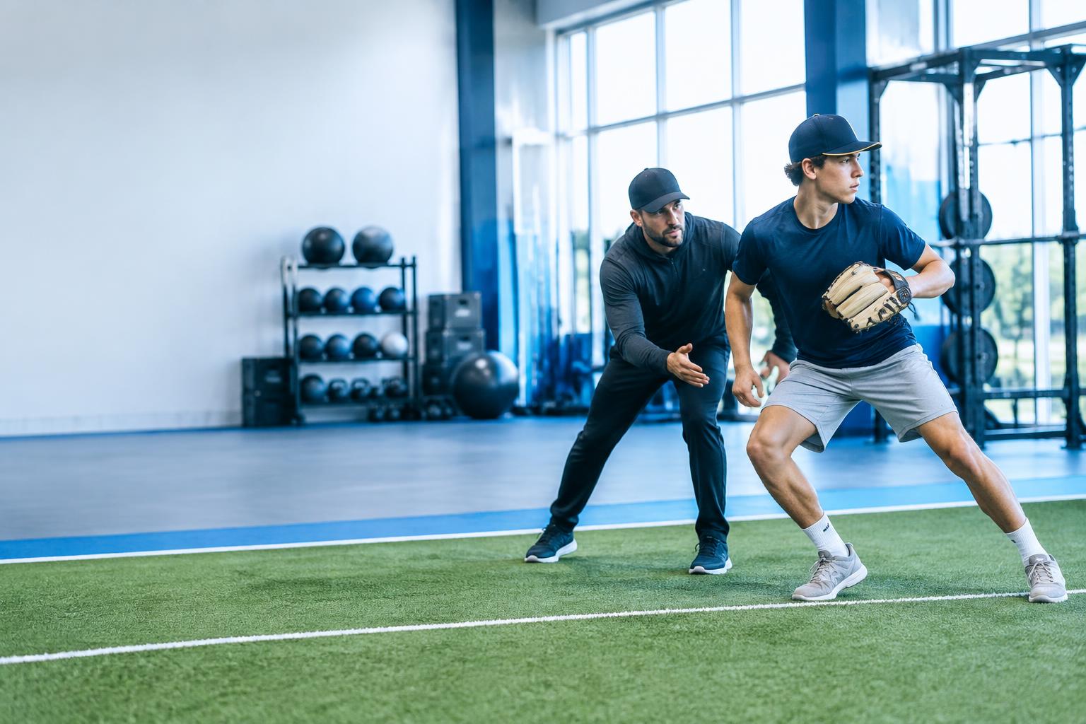 Coach guiding an athlete in a sports performance facility