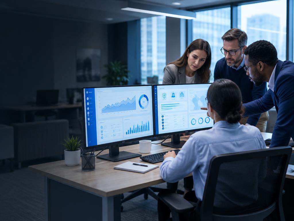 Insurance agency management software team reviewing analytics