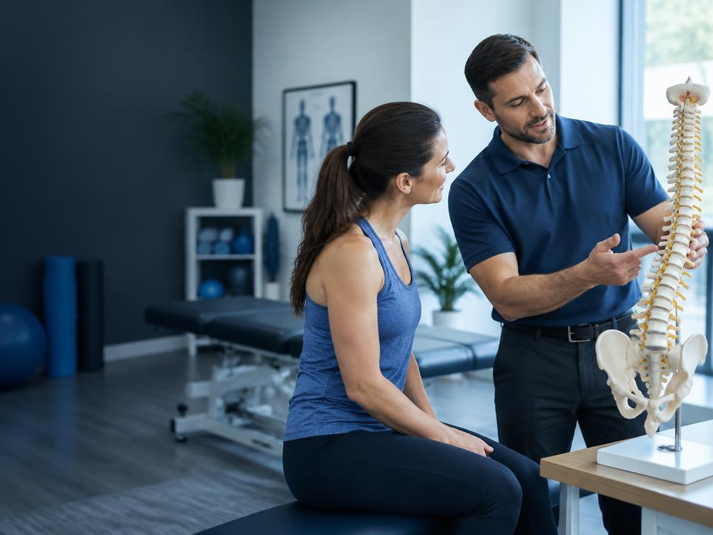 Chiropractor explaining spinal health to an active patient