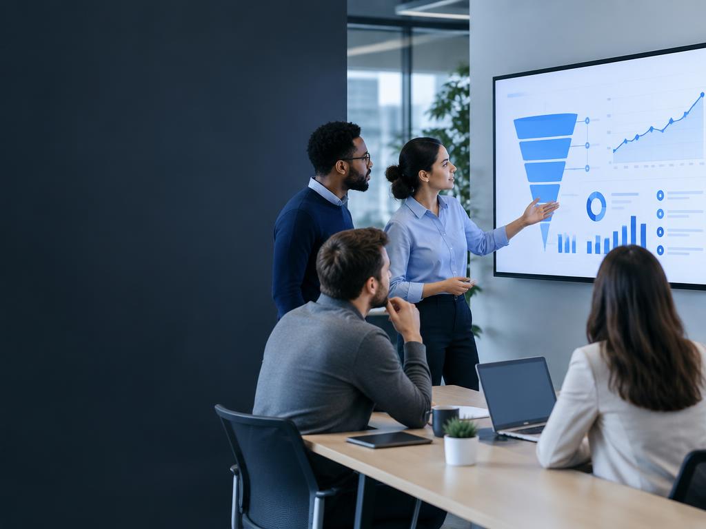 CRM software team reviewing a sales pipeline dashboard