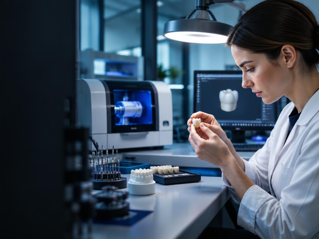 Dental laboratory technician inspecting a precision ceramic crown