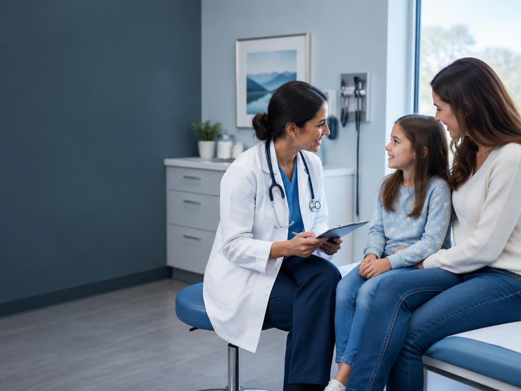 Family physician consulting with a parent and child