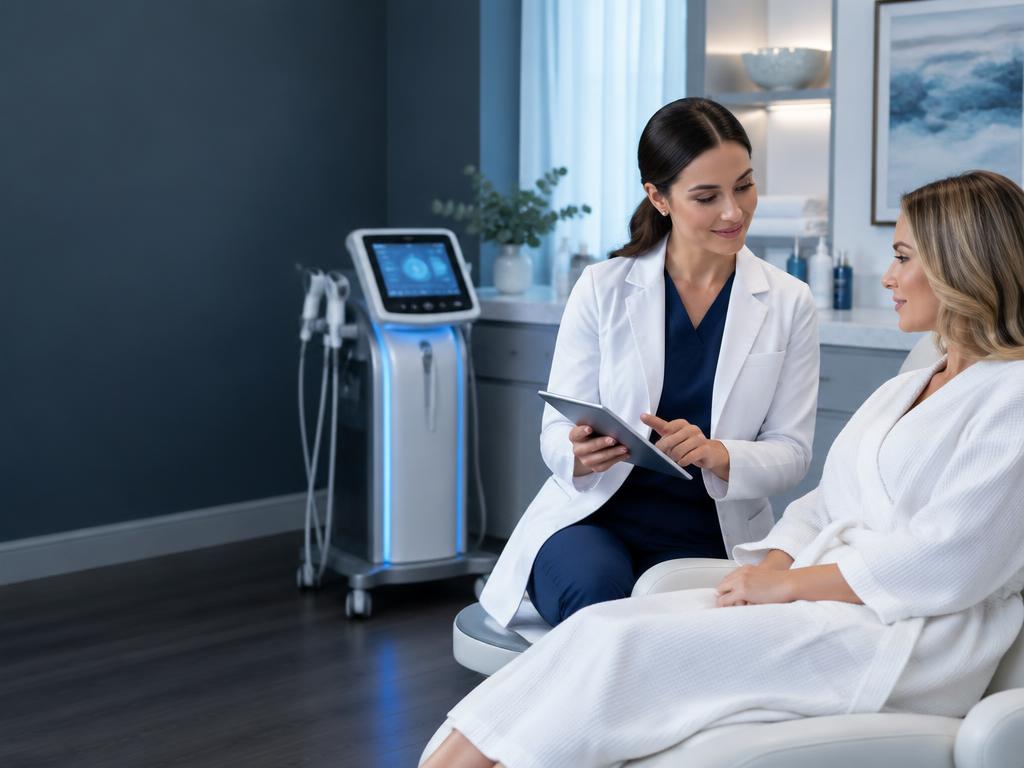 Med spa practitioner consulting a client in a treatment room