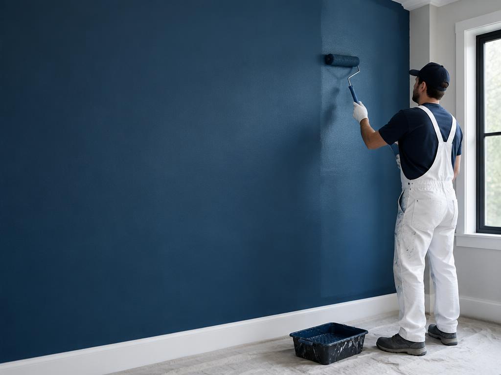 Professional painter applying a deep blue interior finish
