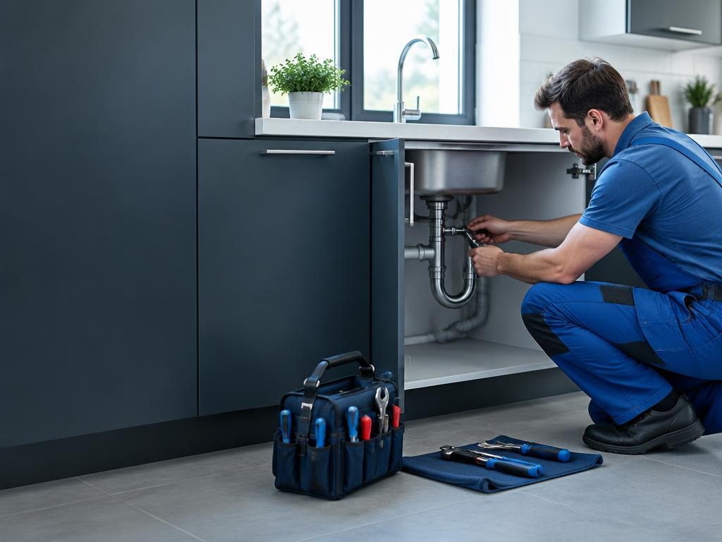 Professional plumber repairing kitchen piping