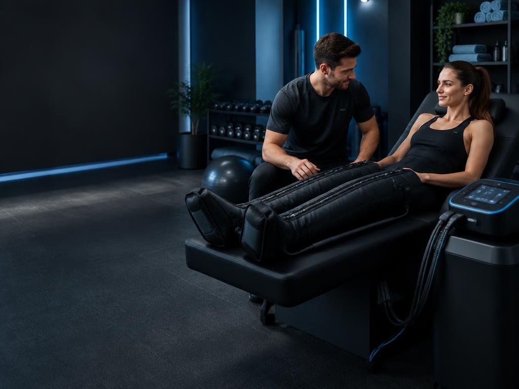 Athlete using compression therapy at a recovery studio