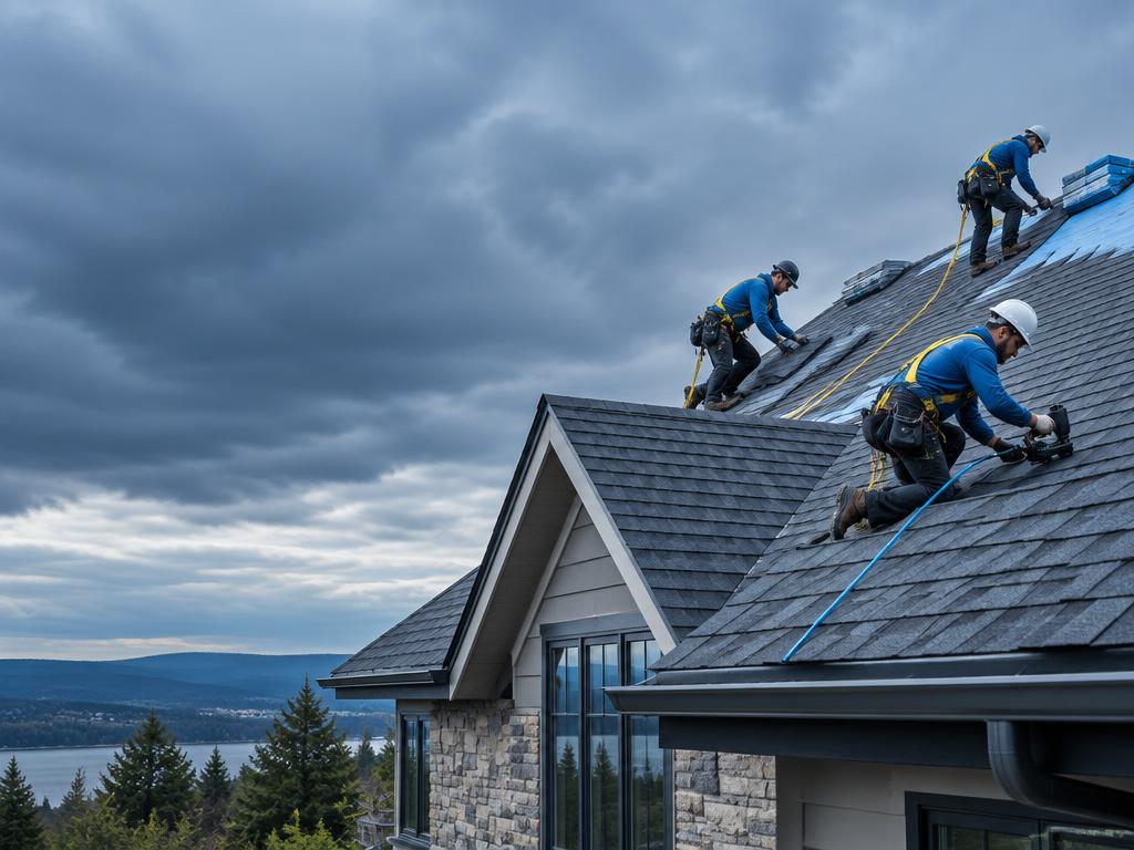 Roofing crew installing shingles on a residential roof