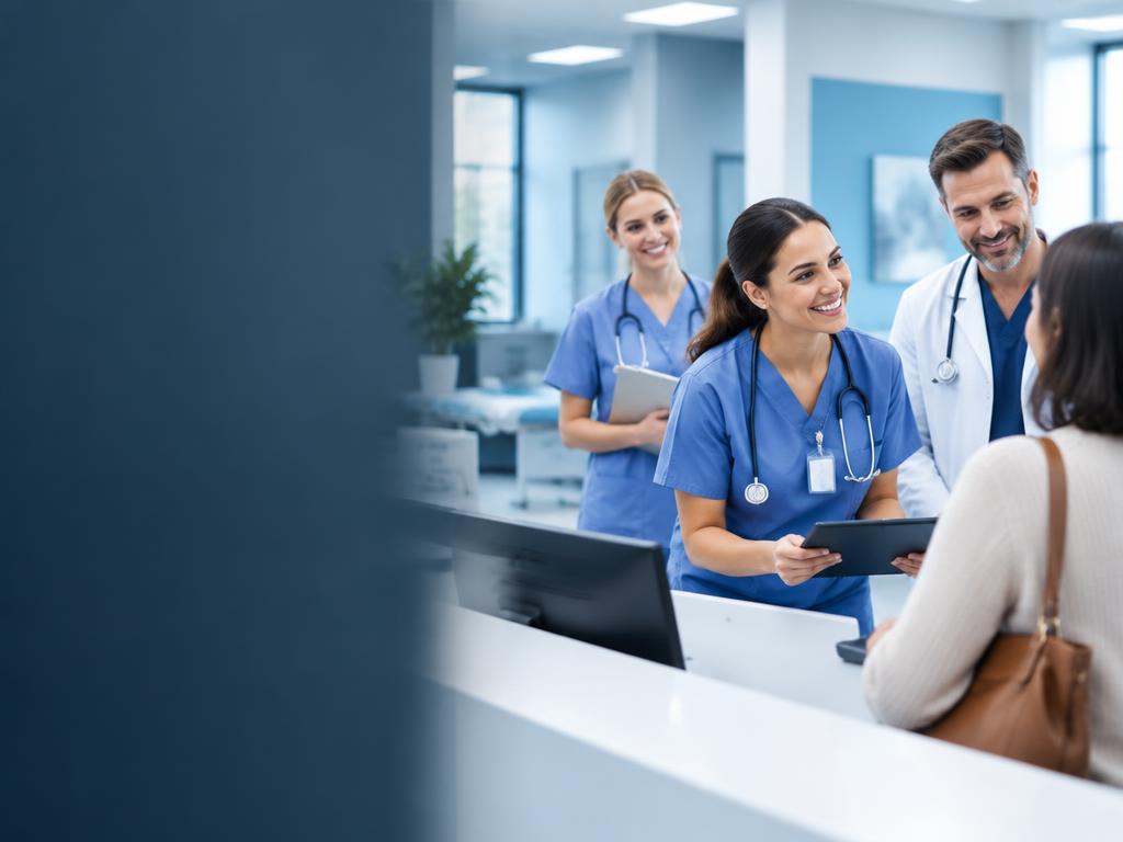 Urgent care team welcoming a patient at a modern clinic