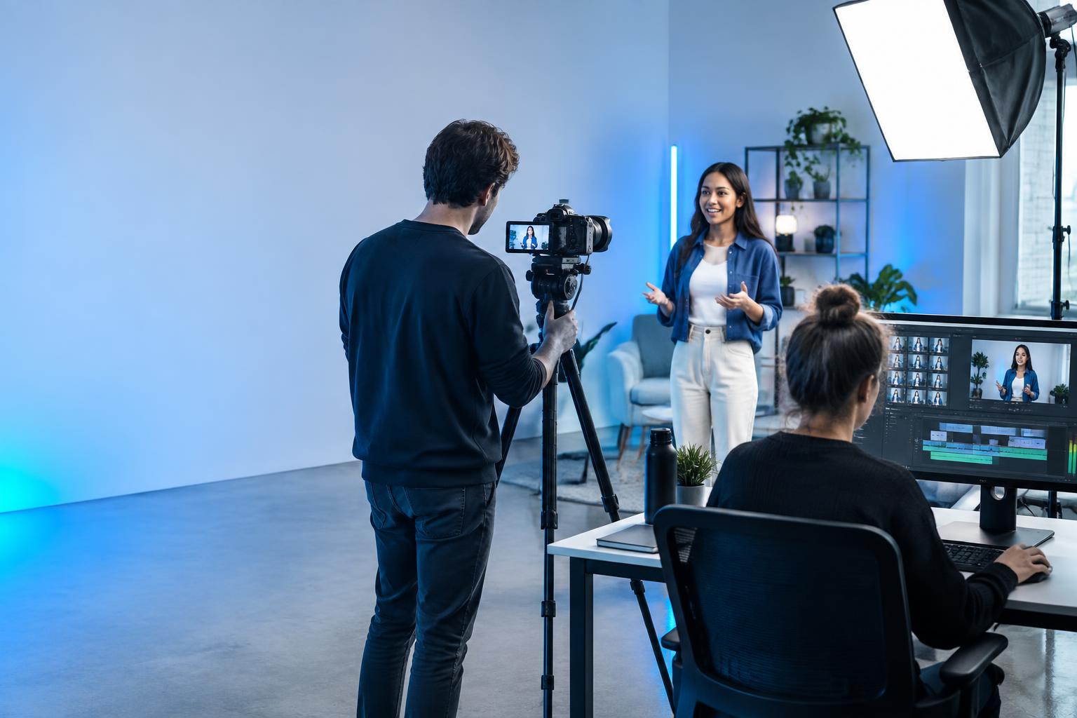 Creative production team filming and editing social media video
