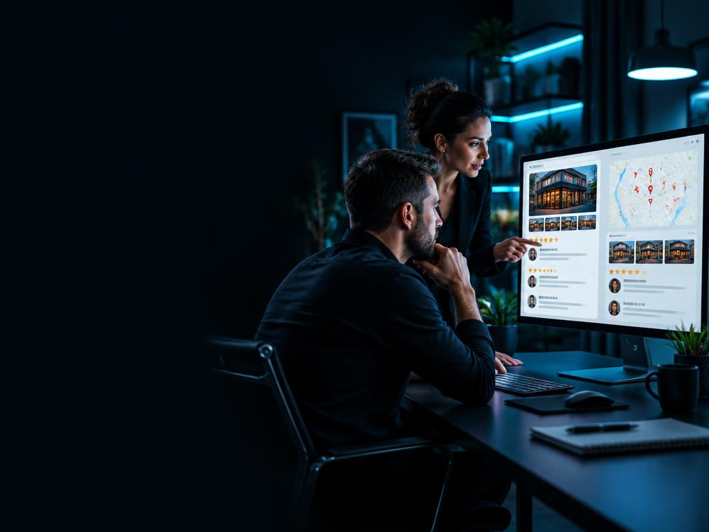 Local marketing team reviewing a business profile, map visibility, and customer reviews