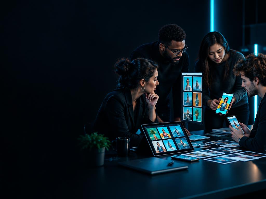 Creative advertising team reviewing social media campaign concepts across devices