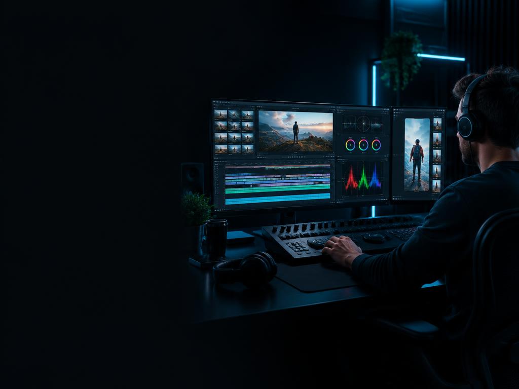 Professional video editor cutting and color grading long-form and vertical footage